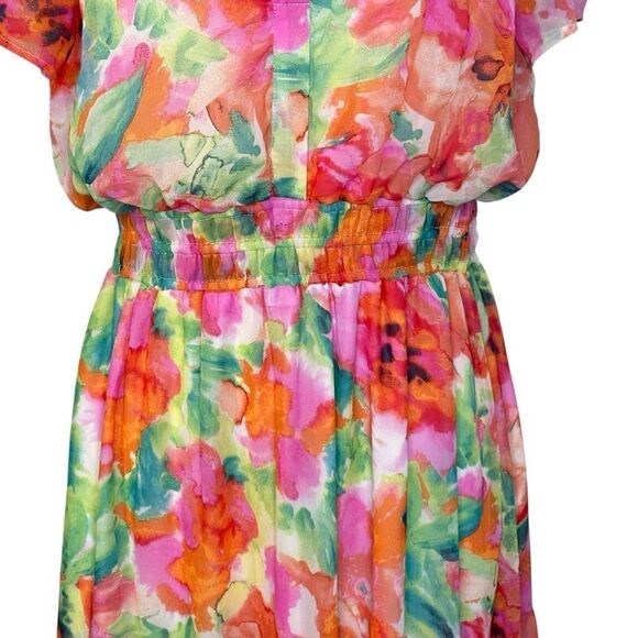 Cynthia Rowley Floral Smocked Tiered Short Sleeve Maxi Dress | L - Picture 6 of 9
